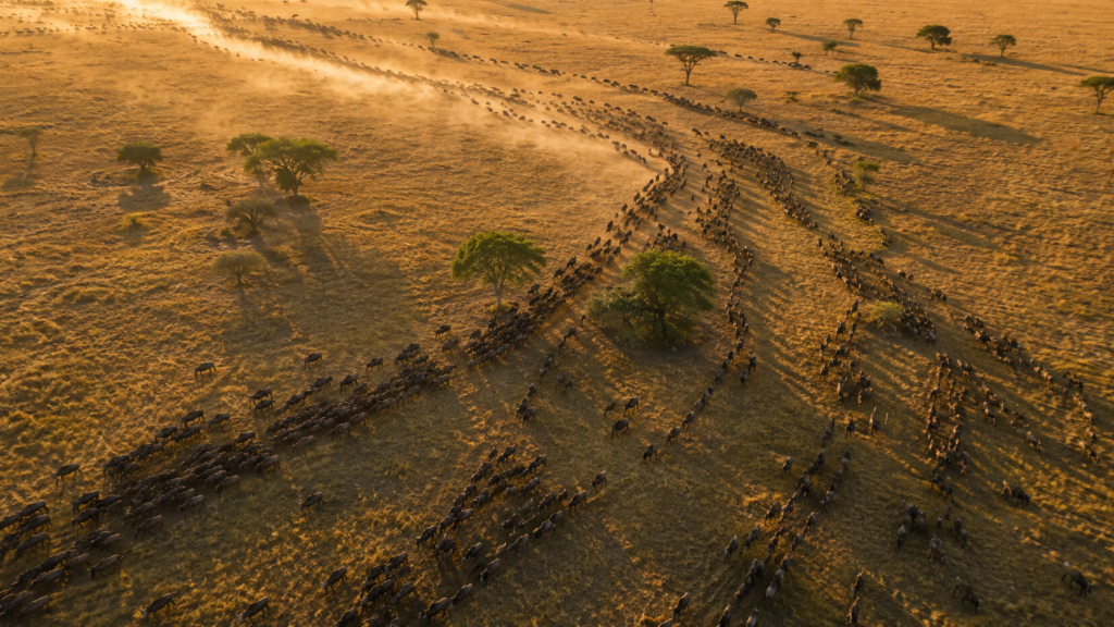 demic africa wildebeest migration across golden savanna photoroom