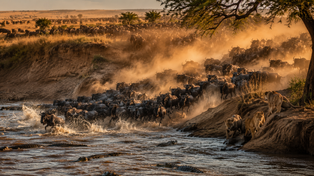 demic africa wildebeest stampede at sunset photoroom
